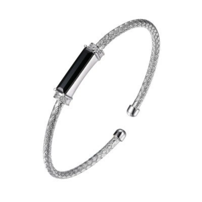 Charles Garnier Charles Garnier Sterling Silver 3mm Mesh Cuff With Black Onyx And CZ Rhodium Finish